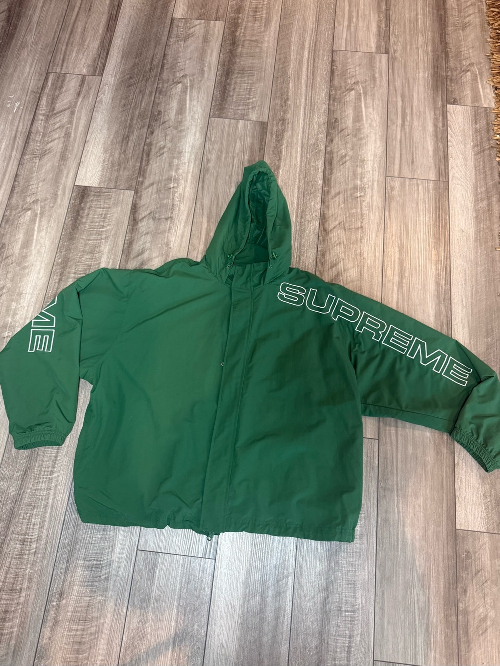 Supreme Green Hooded Raincoat with Sleeve Logo